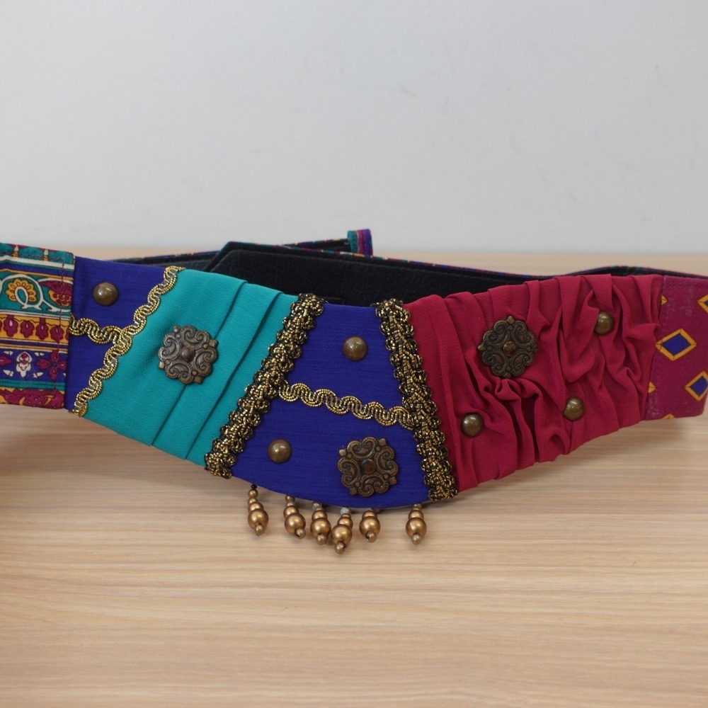 Boho Waist Belt Women SMALL Blue Red Concho Studs Beaded Patchwork Fabric Afghan
